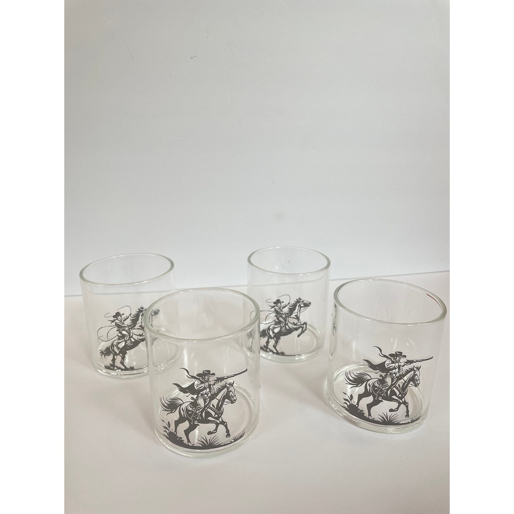 Vintage Cowboy Western Rocks Glasses Set of 4 Whiskey Lowball Horse Rider Black